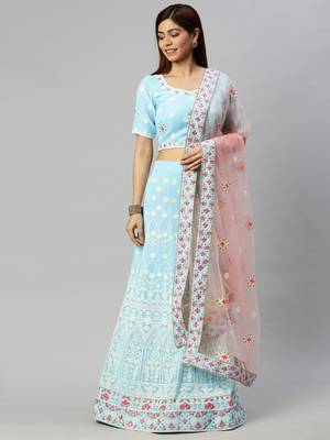 Blue embroidered georgette semi stitched lehenga 1