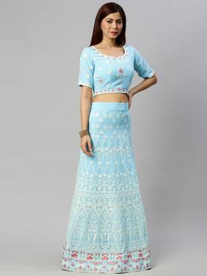 Blue embroidered georgette semi stitched lehenga 3