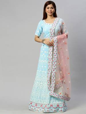 Blue embroidered georgette semi stitched lehenga 4