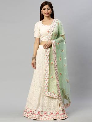 Off-white embroidered georgette semi stitched lehenga 1