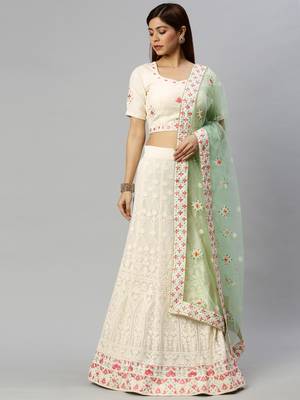 Off-white embroidered georgette semi stitched lehenga 4