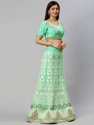Green embroidered georgette semi stitched lehenga 3