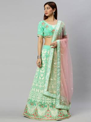 Green embroidered georgette semi stitched lehenga 4