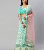 Turquoise embroidered georgette semi stitched lehenga