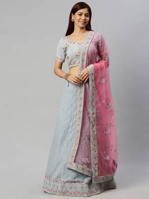 Grey embroidered georgette semi stitched lehenga 1