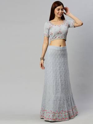 Grey embroidered georgette semi stitched lehenga 3