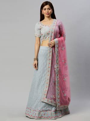 Grey embroidered georgette semi stitched lehenga 4