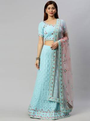 Blue embroidered georgette semi stitched lehenga 1