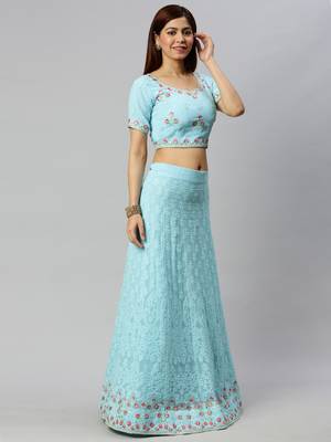 Blue embroidered georgette semi stitched lehenga 3
