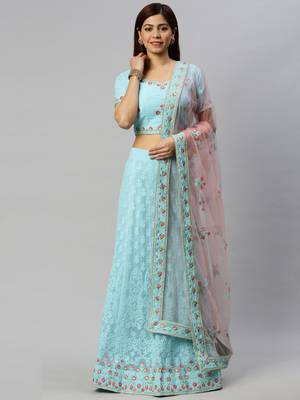 Blue embroidered georgette semi stitched lehenga 4