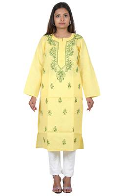 Lavangi Women's Lucknow Chikan Handicraft Ghaaspatti Work Khadi Cotton Kurti (Yellow) 1