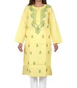 Lavangi Women's Lucknow Chikan Handicraft Ghaaspatti Work Khadi Cotton Kurti (Yellow)