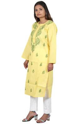Lavangi Women's Lucknow Chikan Handicraft Ghaaspatti Work Khadi Cotton Kurti (Yellow) 2