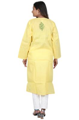Lavangi Women's Lucknow Chikan Handicraft Ghaaspatti Work Khadi Cotton Kurti (Yellow) 3