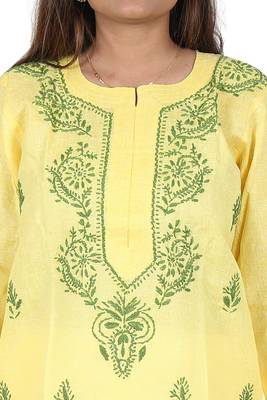 Lavangi Women's Lucknow Chikan Handicraft Ghaaspatti Work Khadi Cotton Kurti (Yellow) 4