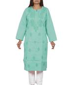 Lavangi Women's Lucknow Chikan Handicraft Ghaaspatti Work Khadi Cotton Kurti (Rama Green)