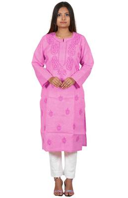 Lavangi Women's Lucknow Chikan Handicraft Ghaaspatti Work Khadi Cotton Kurti (Pink) 1