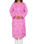 Lavangi Women's Lucknow Chikan Handicraft Ghaaspatti Work Khadi Cotton Kurti (Pink)