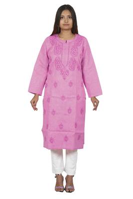Lavangi Women's Lucknow Chikan Handicraft Ghaaspatti Work Khadi Cotton Kurti (Pink) 2