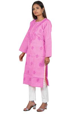 Lavangi Women's Lucknow Chikan Handicraft Ghaaspatti Work Khadi Cotton Kurti (Pink) 3