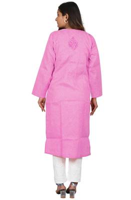 Lavangi Women's Lucknow Chikan Handicraft Ghaaspatti Work Khadi Cotton Kurti (Pink) 4