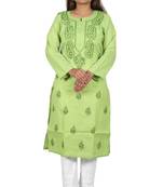 Lavangi Women's Lucknow Chikan Handicraft Ghaaspatti Work Khadi Cotton Kurti (Green)