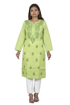 Lavangi Women's Lucknow Chikan Handicraft Ghaaspatti Work Khadi Cotton Kurti (Green) 2