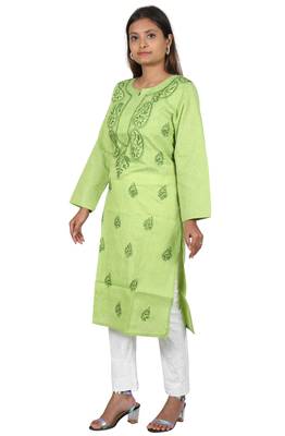 Lavangi Women's Lucknow Chikan Handicraft Ghaaspatti Work Khadi Cotton Kurti (Green) 3