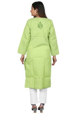 Lavangi Women's Lucknow Chikan Handicraft Ghaaspatti Work Khadi Cotton Kurti (Green) 4