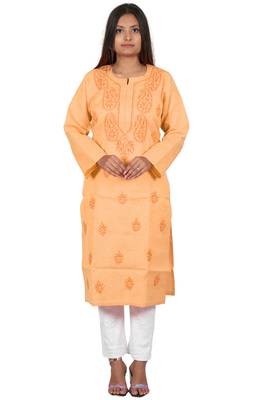 Lavangi Women's Lucknow Chikan Handicraft Ghaaspatti Work Khadi Cotton Kurti (Peach) 1