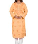 Lavangi Women's Lucknow Chikan Handicraft Ghaaspatti Work Khadi Cotton Kurti (Peach)