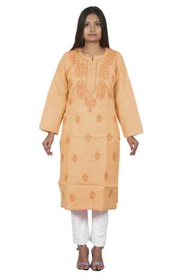 Lavangi Women's Lucknow Chikan Handicraft Ghaaspatti Work Khadi Cotton Kurti (Peach) 2