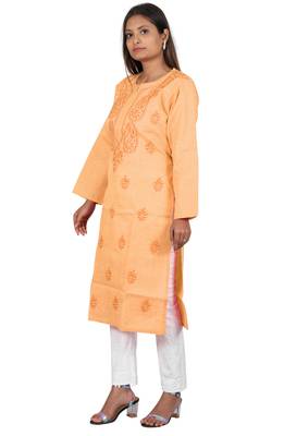 Lavangi Women's Lucknow Chikan Handicraft Ghaaspatti Work Khadi Cotton Kurti (Peach) 3