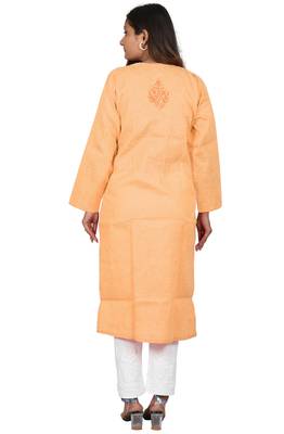 Lavangi Women's Lucknow Chikan Handicraft Ghaaspatti Work Khadi Cotton Kurti (Peach) 4