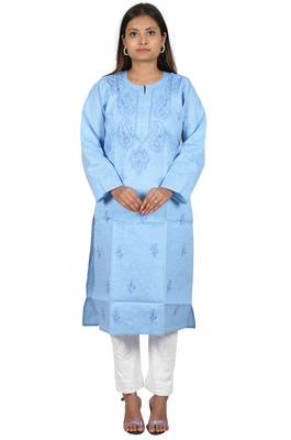 Lavangi Women's Lucknow Chikan Handicraft Ghaaspatti Work Khadi Cotton Kurti (Sky Blue) 1