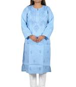 Lavangi Women's Lucknow Chikan Handicraft Ghaaspatti Work Khadi Cotton Kurti (Sky Blue)