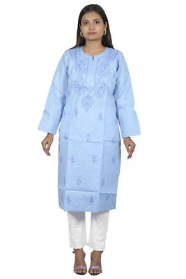 Lavangi Women's Lucknow Chikan Handicraft Ghaaspatti Work Khadi Cotton Kurti (Sky Blue) 2