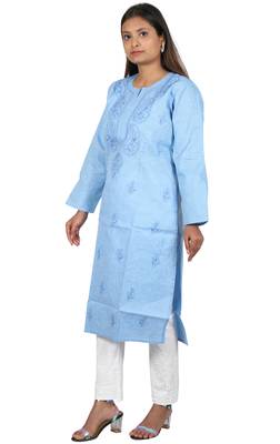 Lavangi Women's Lucknow Chikan Handicraft Ghaaspatti Work Khadi Cotton Kurti (Sky Blue) 3