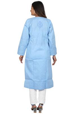 Lavangi Women's Lucknow Chikan Handicraft Ghaaspatti Work Khadi Cotton Kurti (Sky Blue) 4