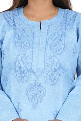 Lavangi Women's Lucknow Chikan Handicraft Ghaaspatti Work Khadi Cotton Kurti (Sky Blue) 5