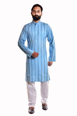 Blue printed cotton kurta-pajama 1