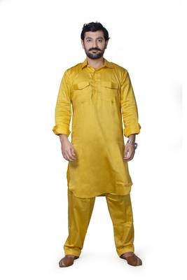 Yellow plain cotton pathani-suits 1