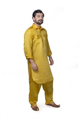 Yellow plain cotton pathani-suits 3