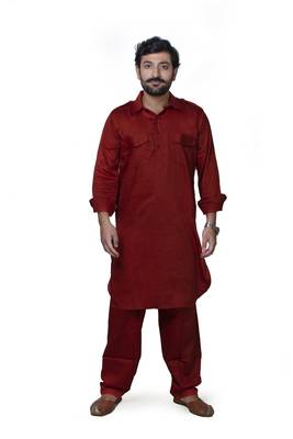 Maroon plain cotton pathani-suits 1
