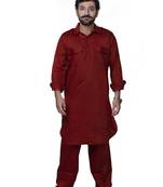 Maroon plain cotton pathani-suits