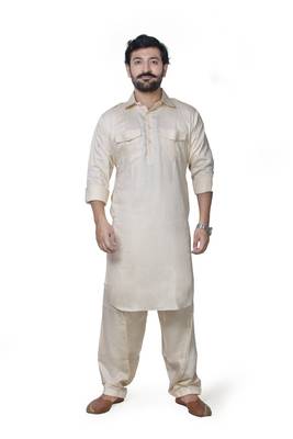 Beige plain cotton pathani-suits 1