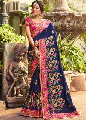 Blue embroidered georgette saree with blouse 3