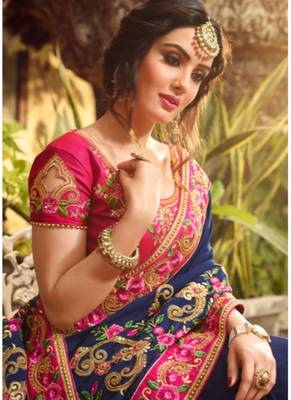 Blue embroidered georgette saree with blouse 4