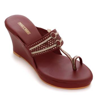 Maroon Laser Cut Faux Leather Kolhapuri Wedges For Women By Trends & Trades  1