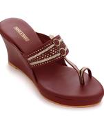 Maroon Laser Cut Faux Leather Kolhapuri Wedges For Women By Trends & Trades 
